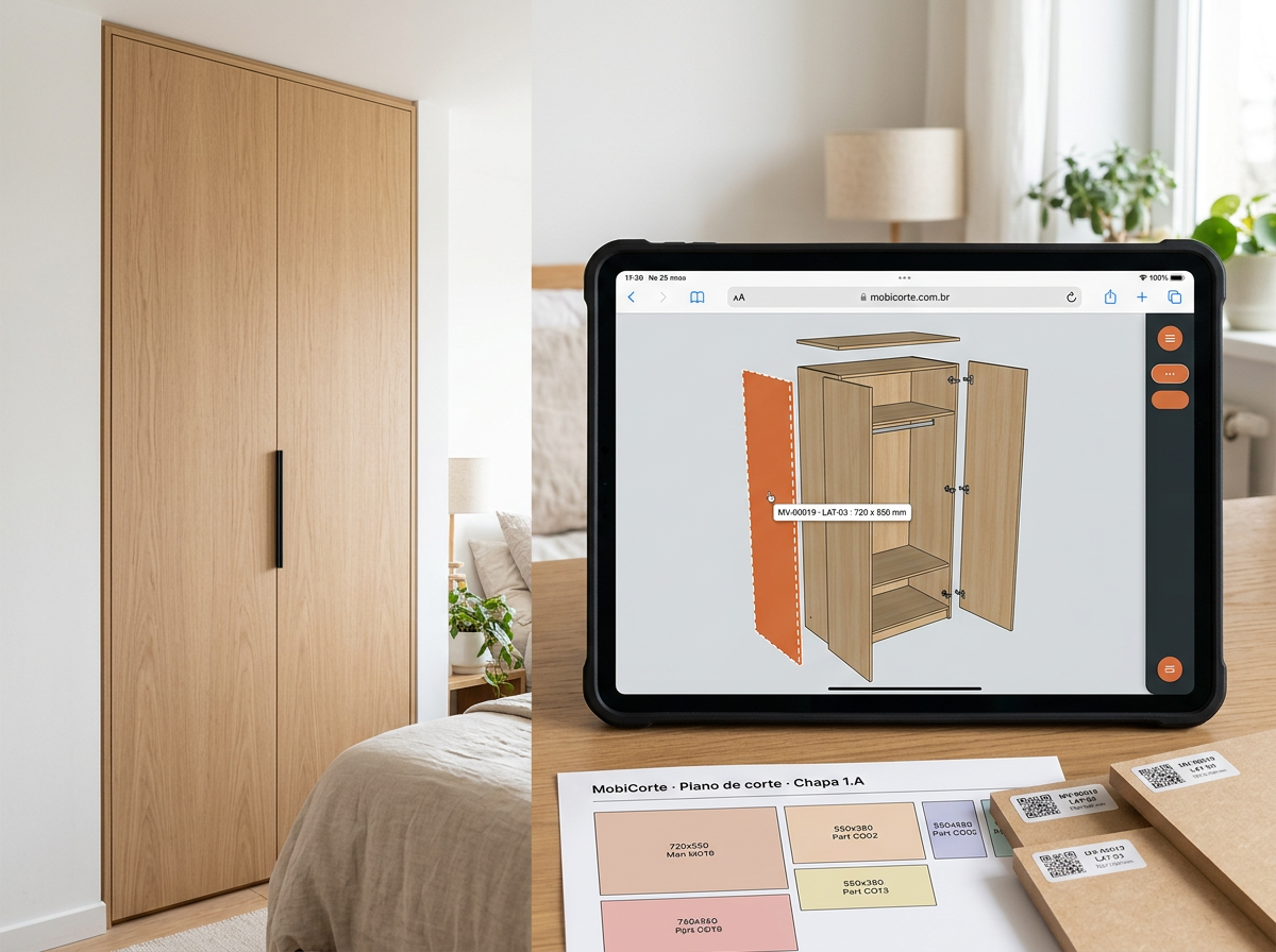 Guarda-roupa pronto ao lado do mesmo móvel em 3D no tablet, com uma peça destacada, plano de corte impresso e peças etiquetadas com QR